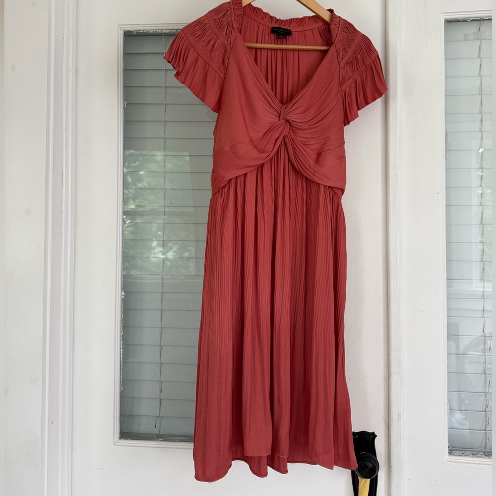 anthropologie coral silky midi dress